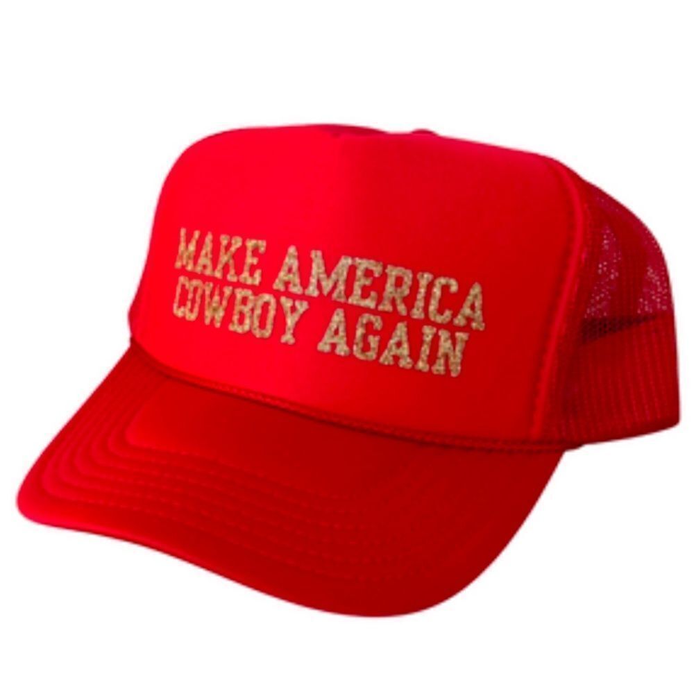 Make America Cowboy Again BRAND NEW Trucker Hat Red & Gold Glitter Snap Back